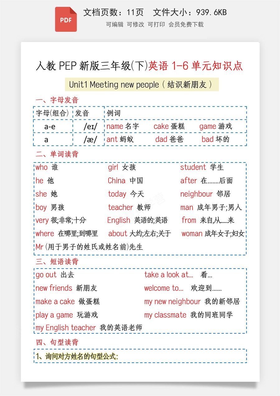 2026春三年级（下）英语 1-6单元知识点《人教版PEP》.pdf